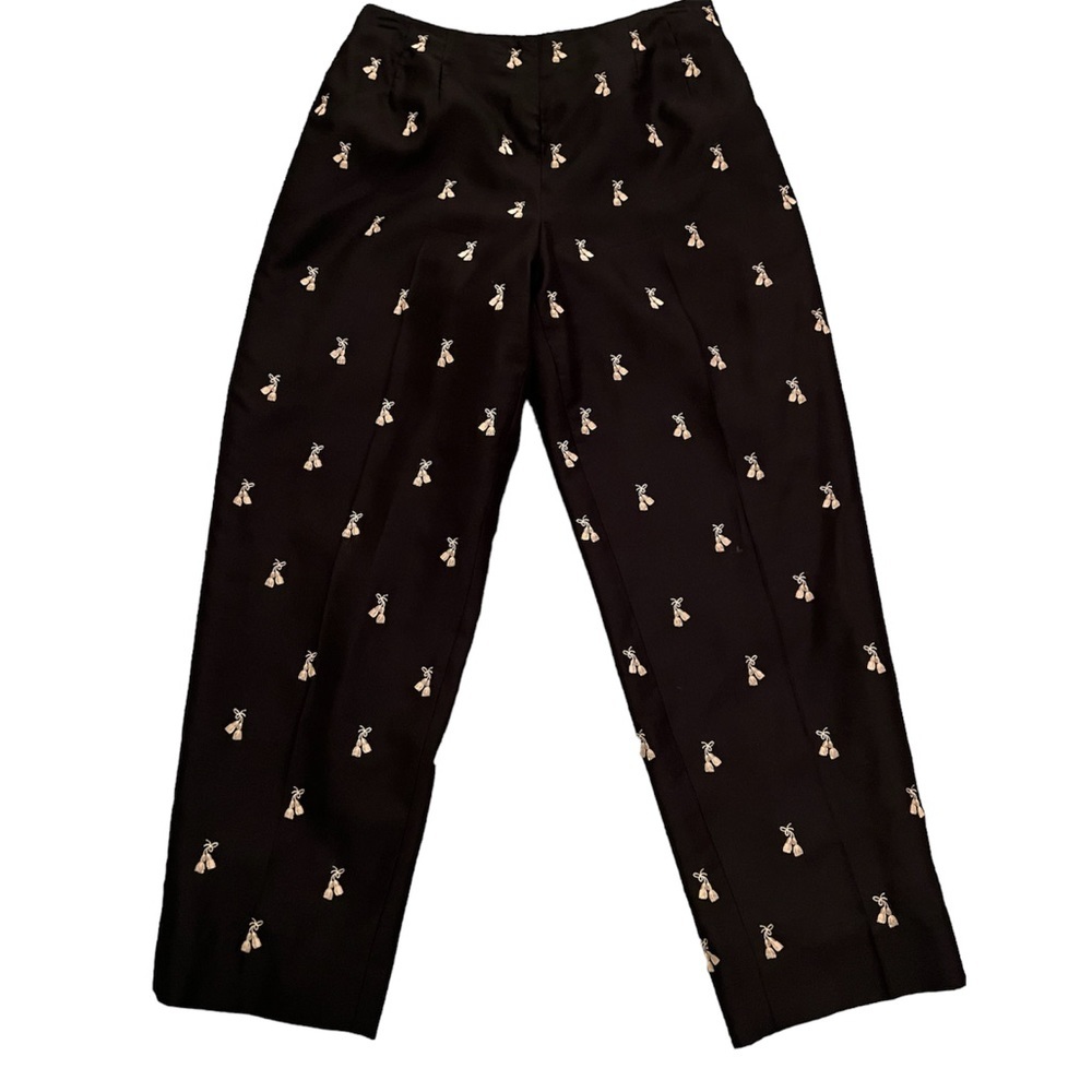 Talbots Silk Embroidered Pants Crop High Rise Black with Gold Tassels 6 Petite
